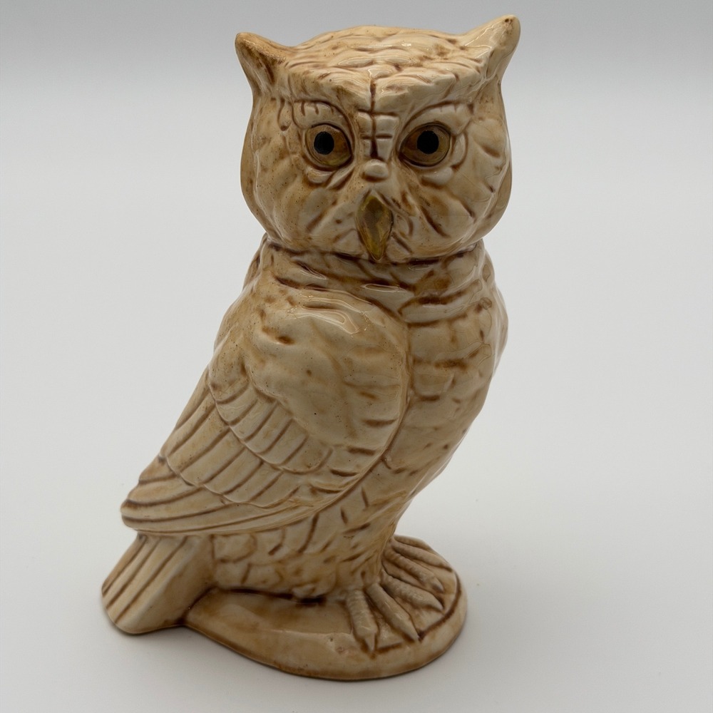 Vintage Ceramic Owl‎ Figurine Tan Brown Glossy Glaze Made in Japan MCM 7.25 inch